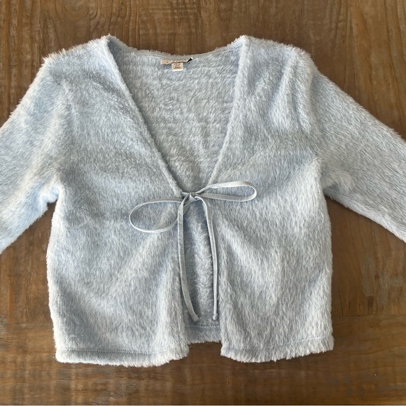 Topshop Sweaters - Topshop Light Blue Fuzzy Tie-Front Cardigan